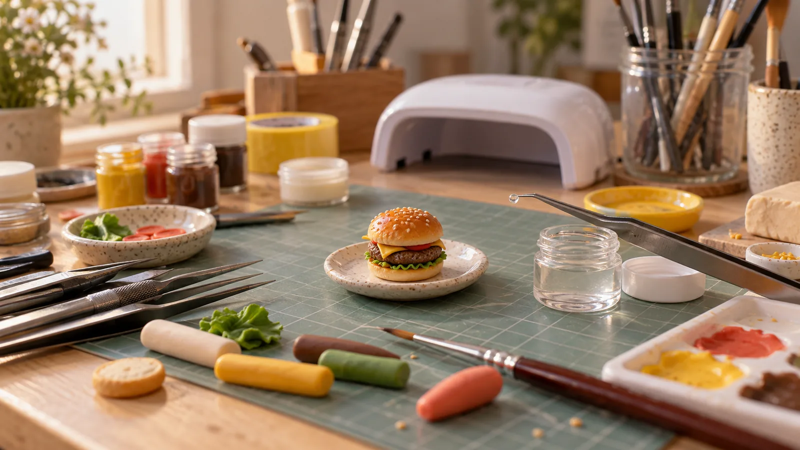 Petit burger miniature en cours de finition à la résine sur un tapis de découpe, pince et pot de résine