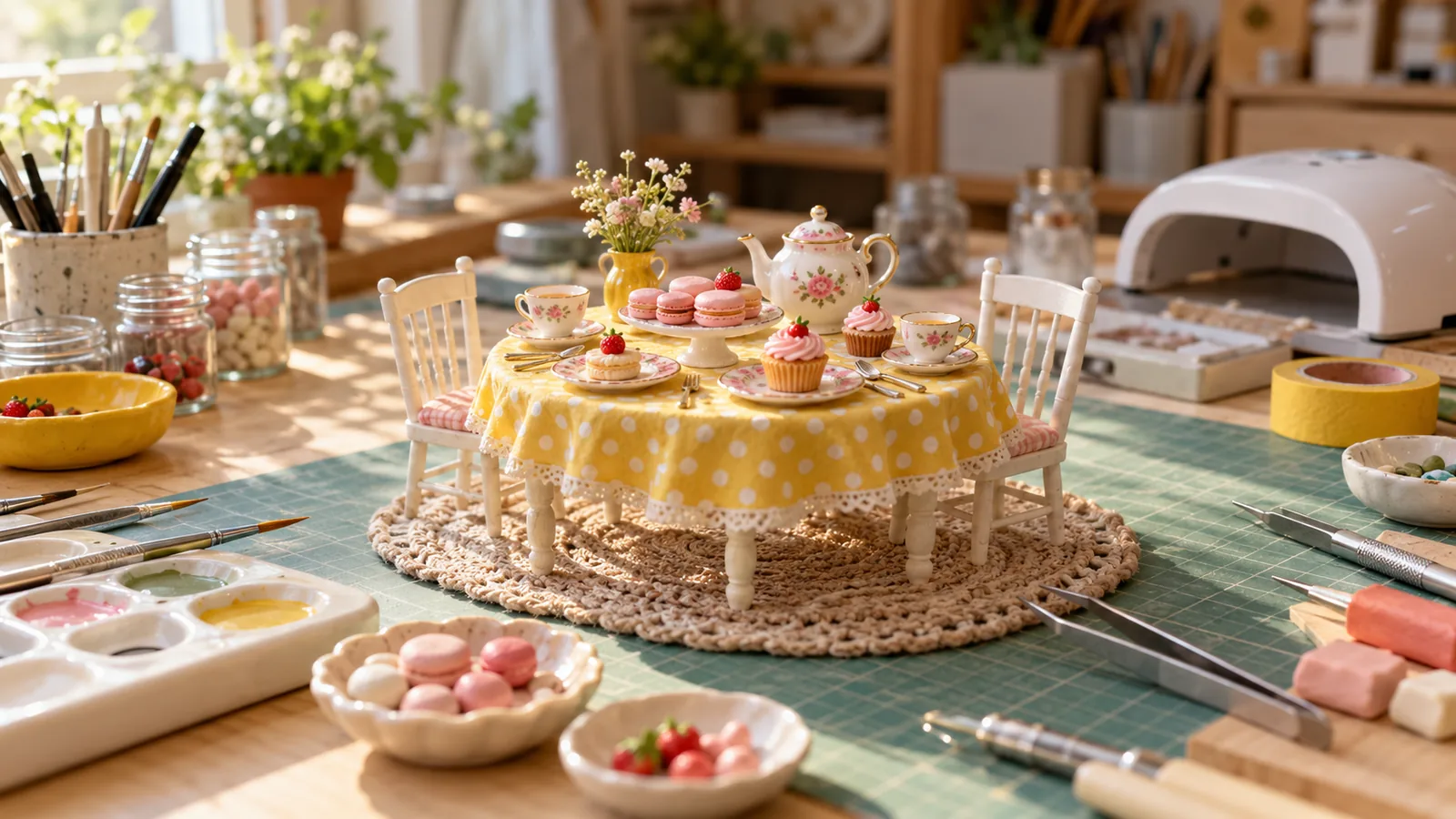 Goûter miniature pastel avec service à thé rose, macarons et cupcakes faits main