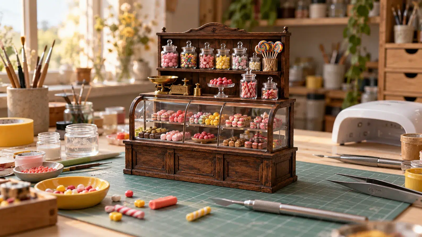 Vitrine de confiserie ancienne miniature avec bocaux de bonbons colorés et petite balance en laiton