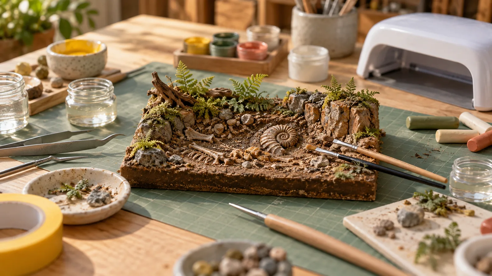 Diorama de fouille miniature avec fougères, sable et fossiles à moitié dégagés