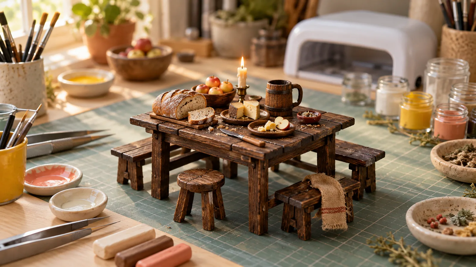 Table de taverne rustique miniature avec pain de campagne, fromage, pommes et chope en bois