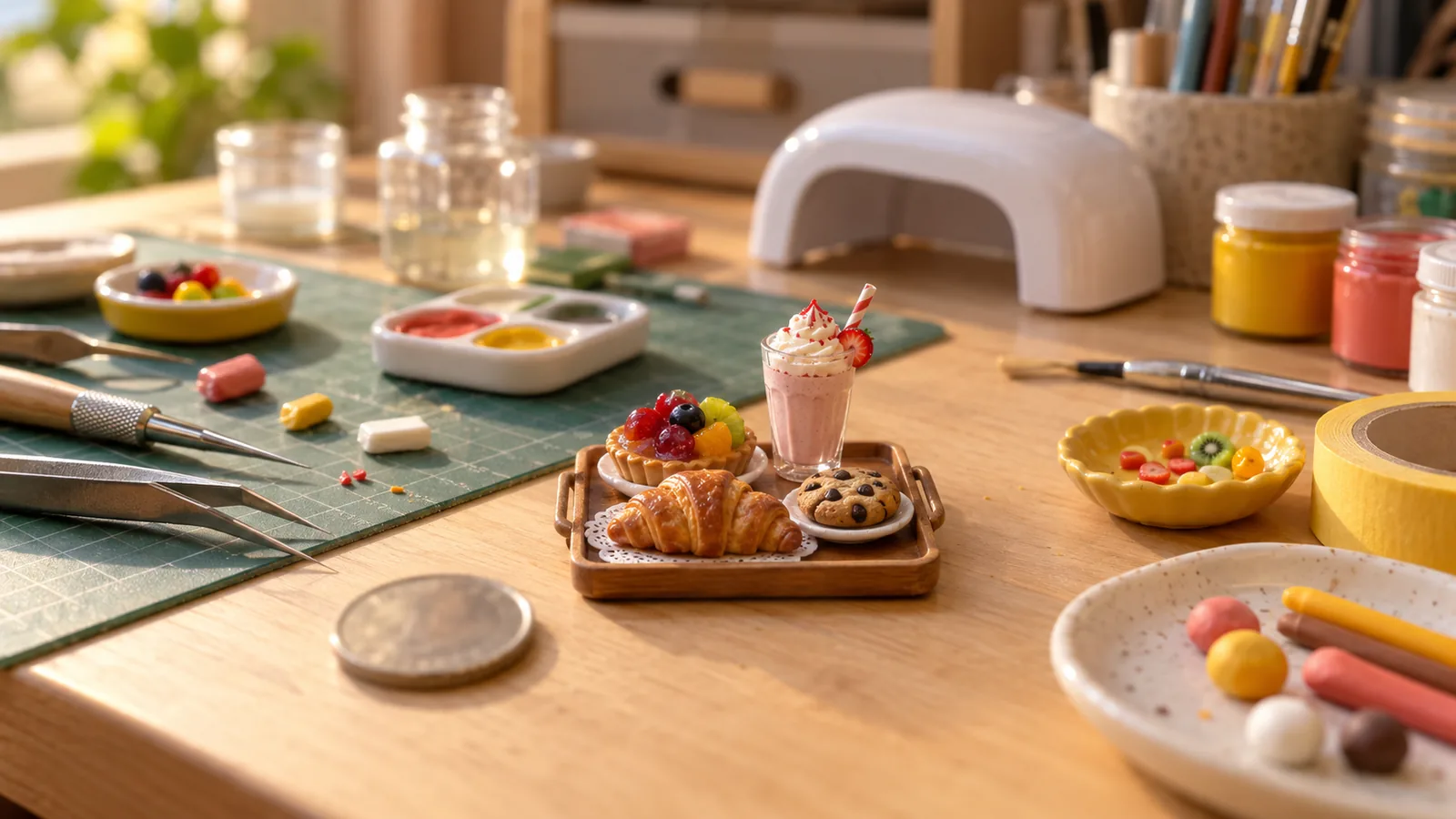 Buffet miniature de pâtisseries et de boissons faites main, croissant, tarte et milkshake à l'échelle 1:12