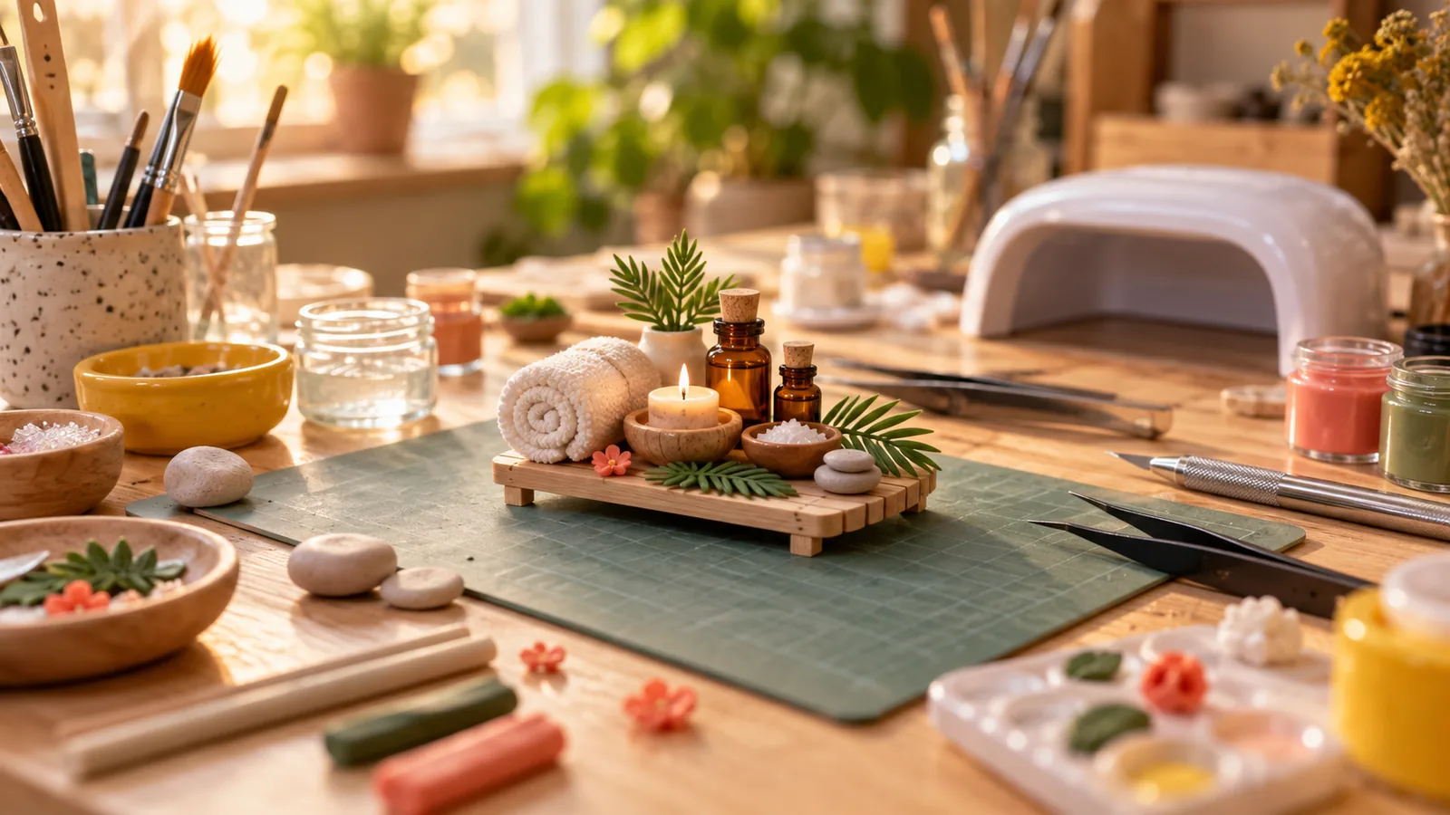 Coin spa miniature avec bougies, flacons d'huile, serviette roulée et galets sous une lumière douce