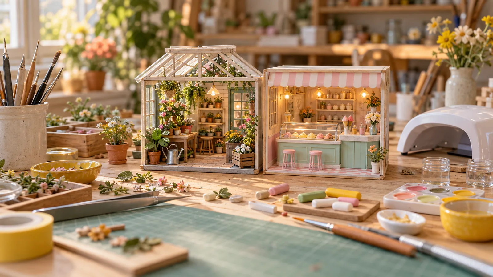 Deux petites pièces miniatures en boîte faites main : une serre remplie de plantes et un comptoir de glacier pastel