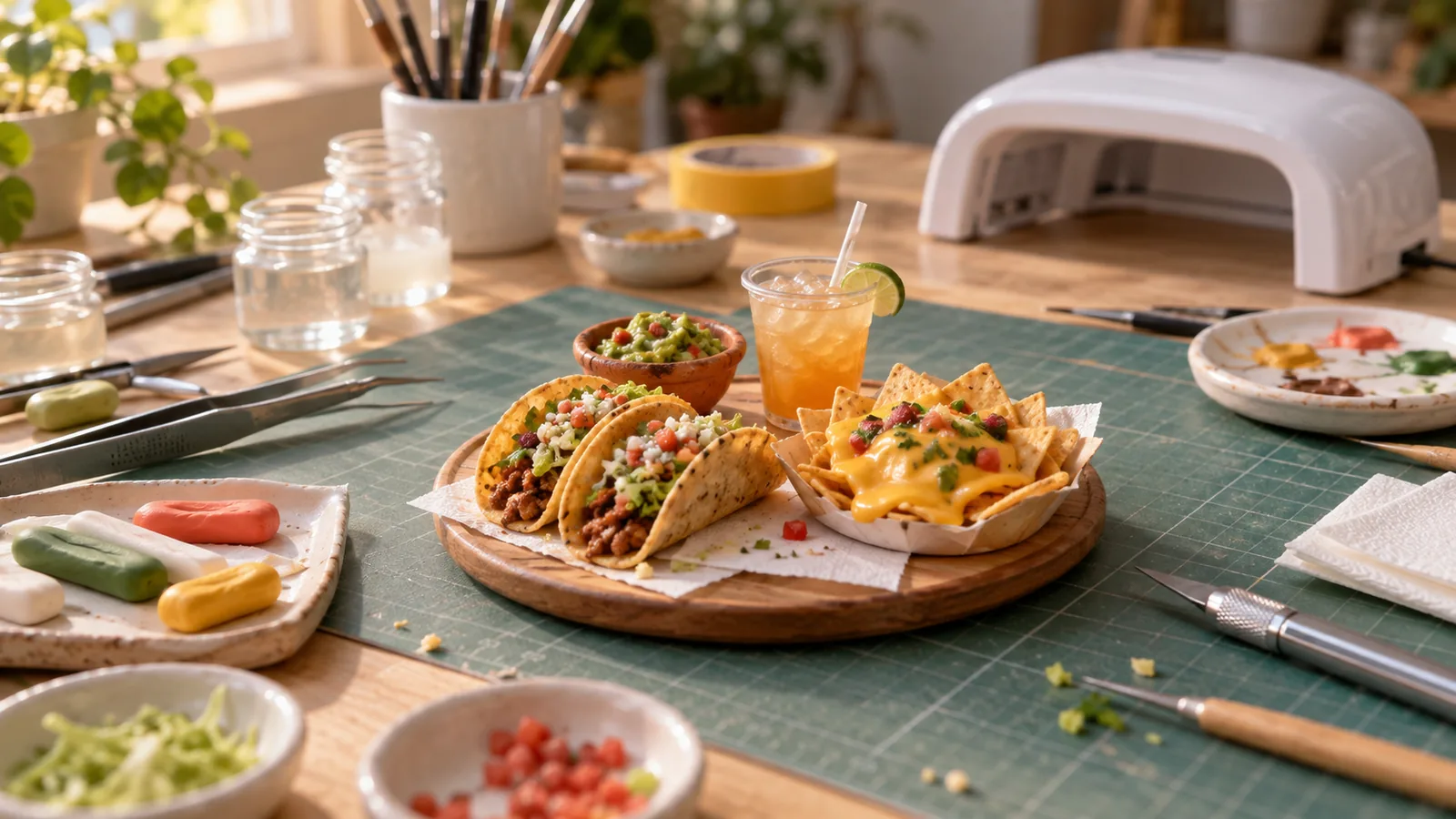 Plateau miniature de tacos, nachos et boisson faits main, posé sur un plan de travail en bois clair