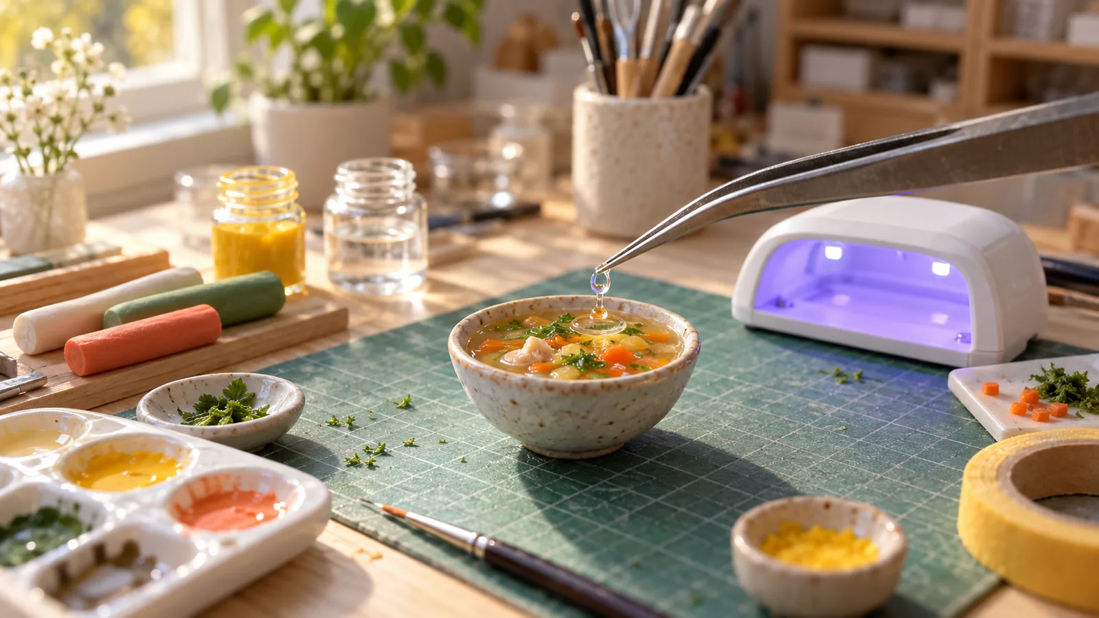Pince déposant une goutte de résine transparente sur un minuscule bol de soupe, lampe UV allumée à côté